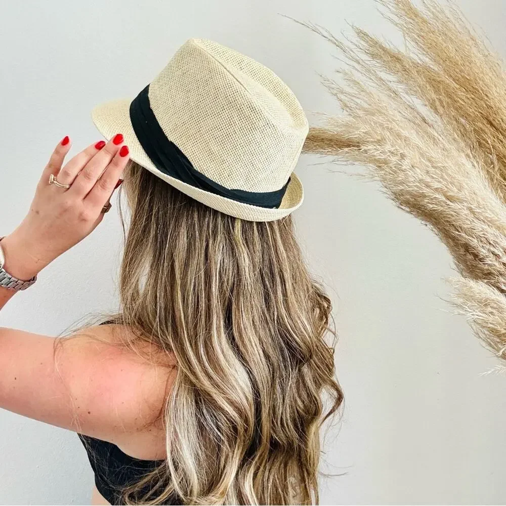 VINTAGE NORDSTROM Cream Tan Straw Wide Visor Brim Black Ribbon Fedora Sun Hat - Picture 3 of 8